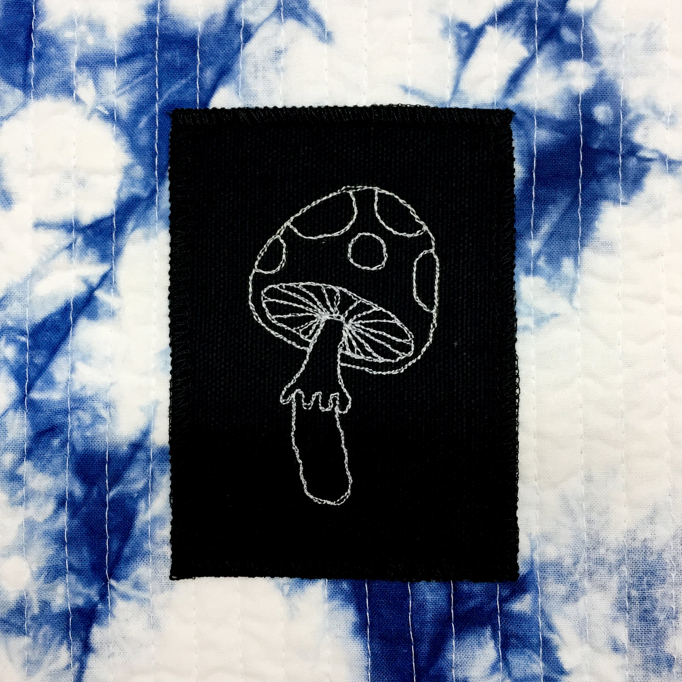 Stitch Witch, Embroidered, One of A Kind White Mushroom on Black Patch