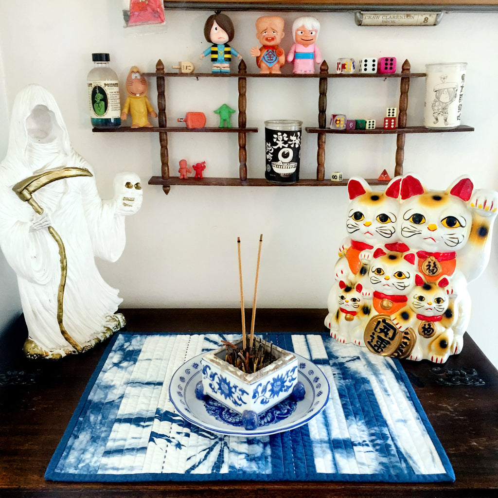 Stitch Witch - Hand Dyed, Quilted, Shibori Indigo Space Mat #2